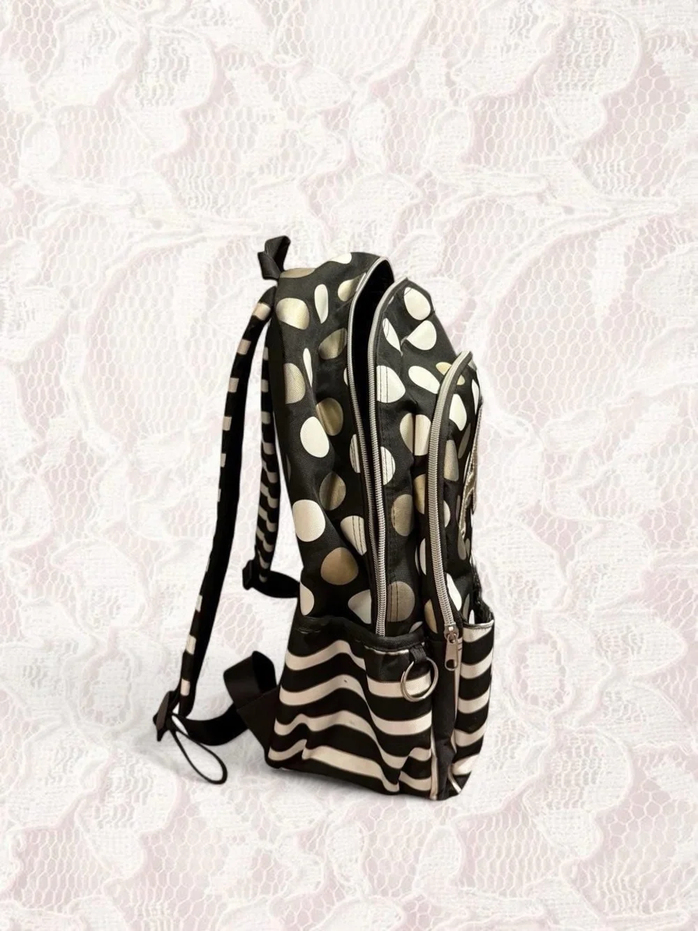 Justice Black & White Polka Dot Mini Backpack with Gold 'A' Patch